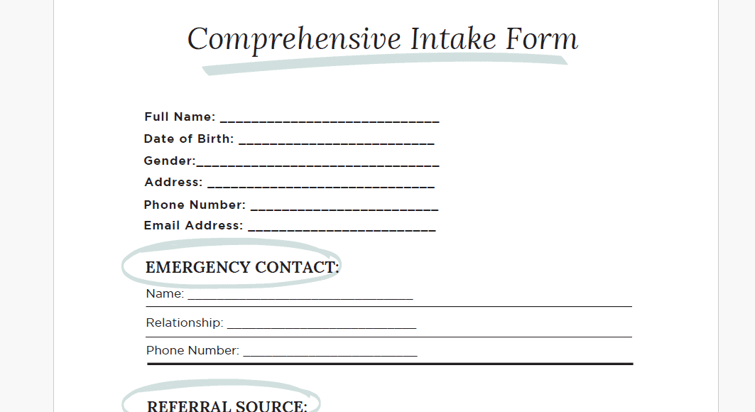 screenshot of comp intake form