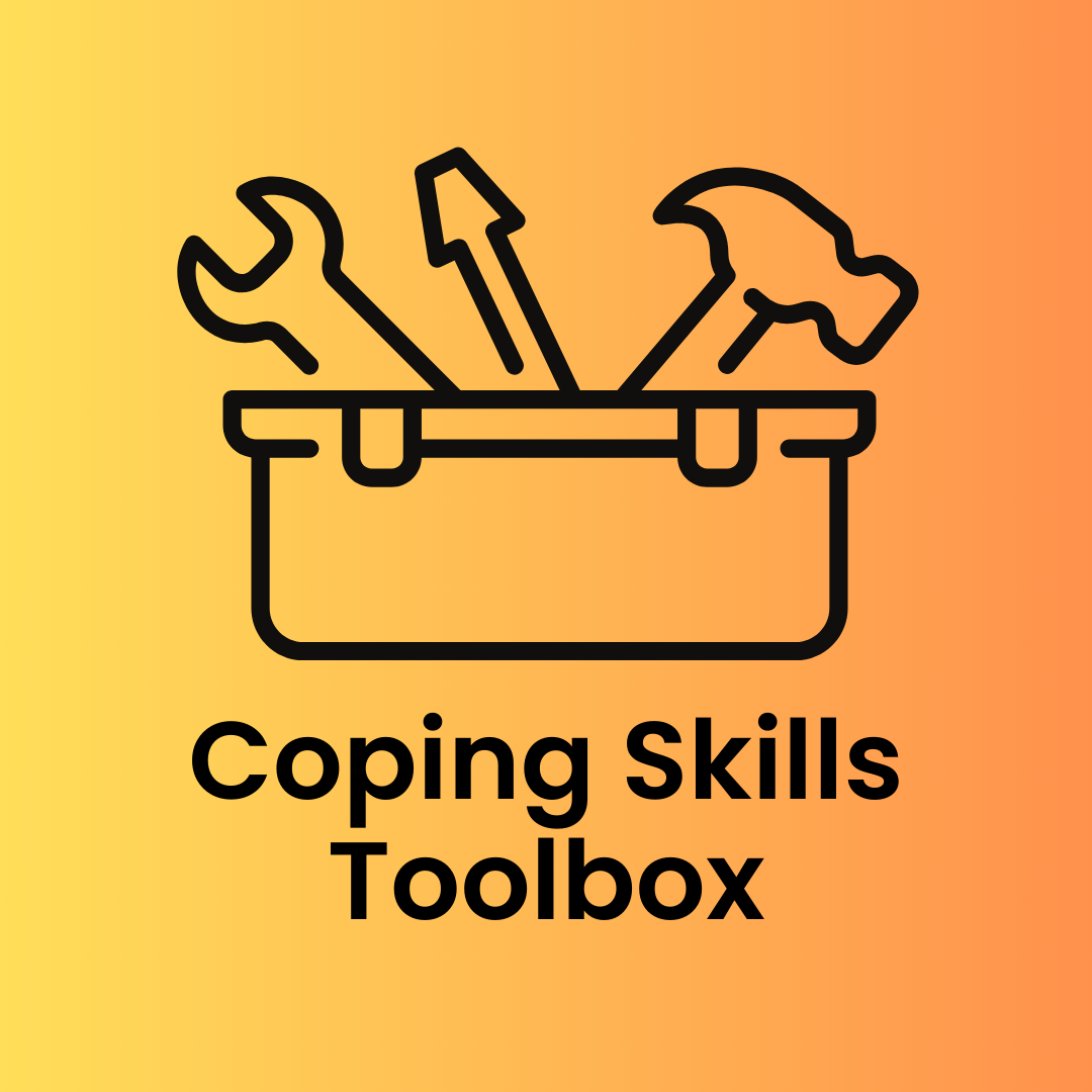 Toolbox with hammer, wrench, and screwdriver, labeled 'Coping Skills Toolbox