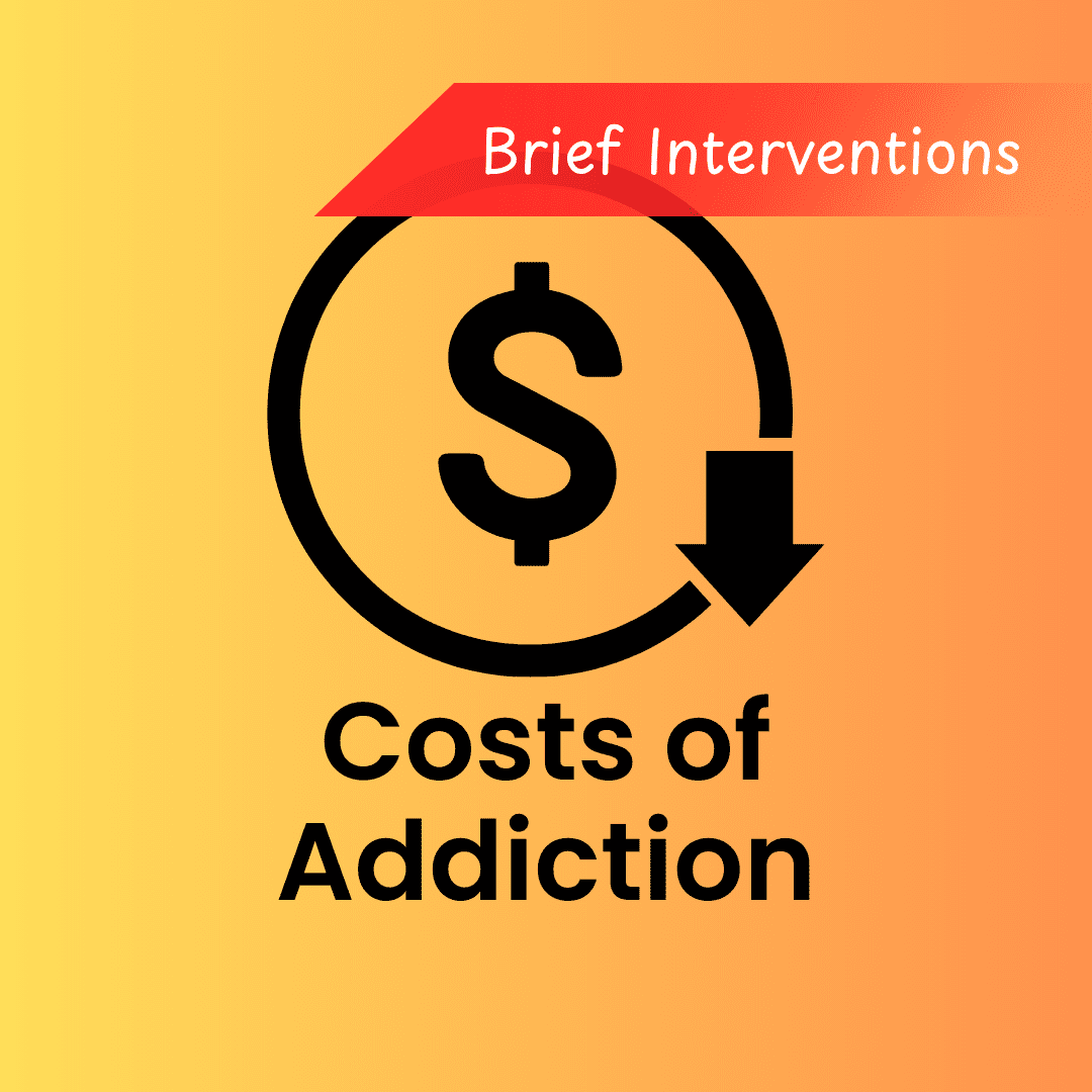 Dollar symbol and downward arrow icon, titled "Costs of Addiction – A worksheet for exploring the financial, emotional, and relational impact of substance use."