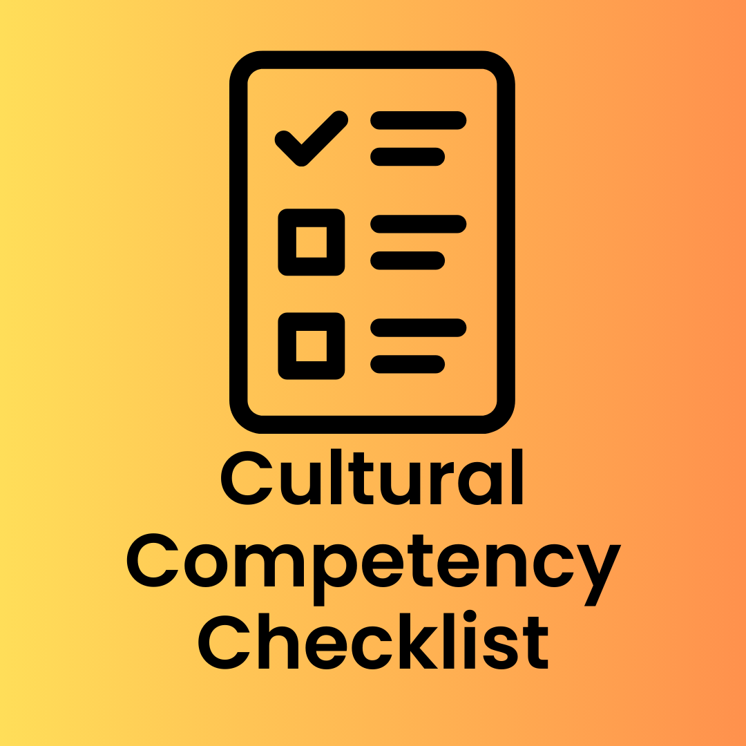 Cultural competency checklist visual featuring evaluation boxes and orange gradient.