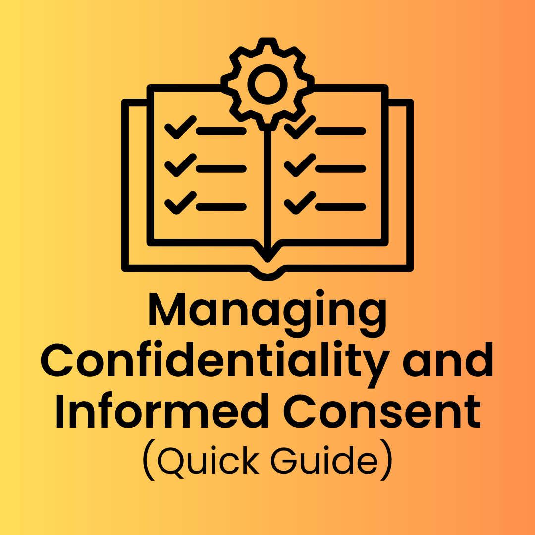 Icon of a checklist book with a gear, representing a quick guide for managing confidentiality and informed consent in clinical practice.