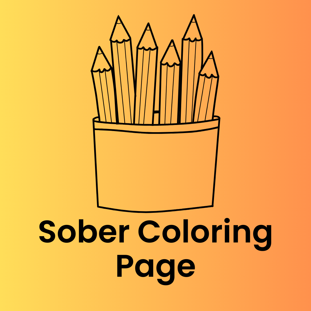 Sober coloring page tile with colored pencil set on orange background.