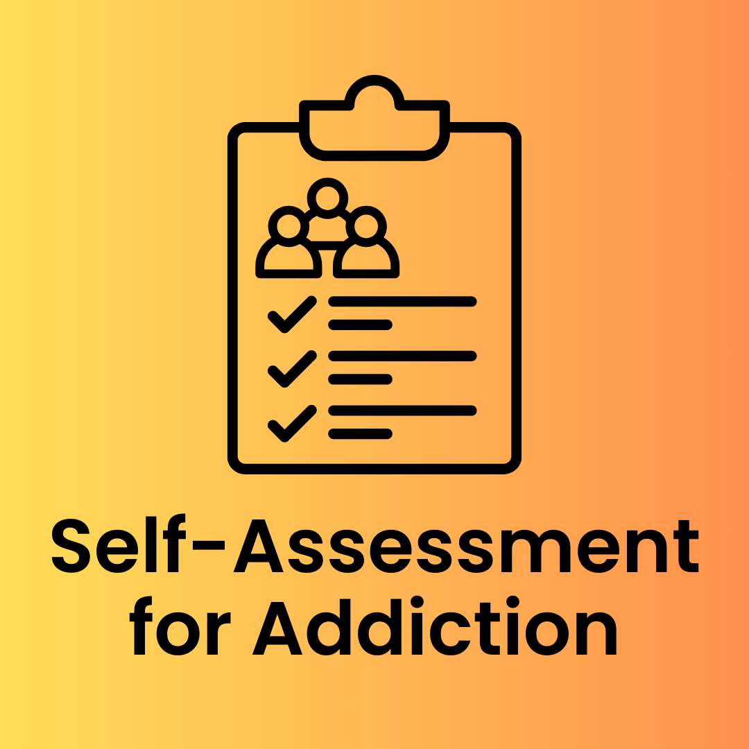 Self-assessment tool for addiction with checklist and group icon on clipboard.