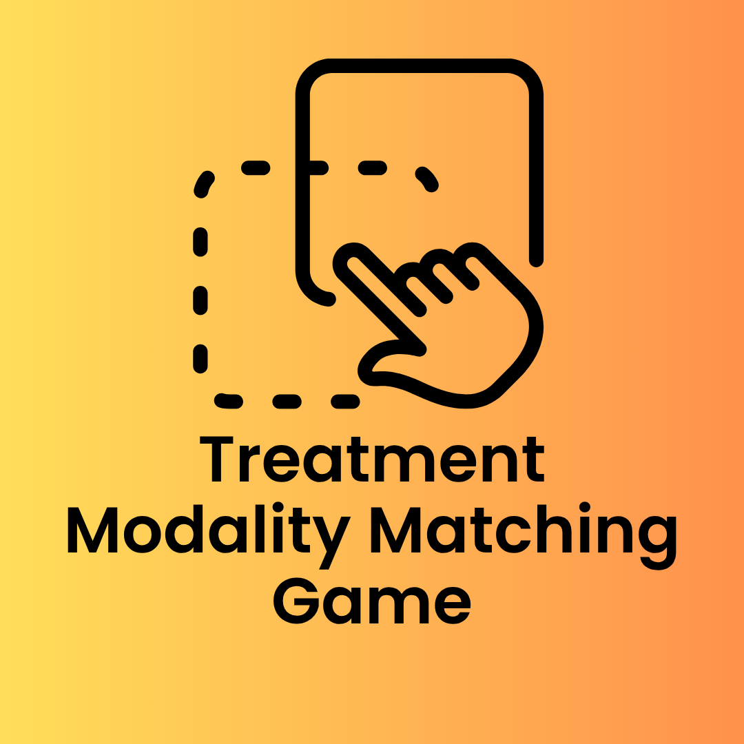 gradient tile-card, stating "treatment modality matching game"