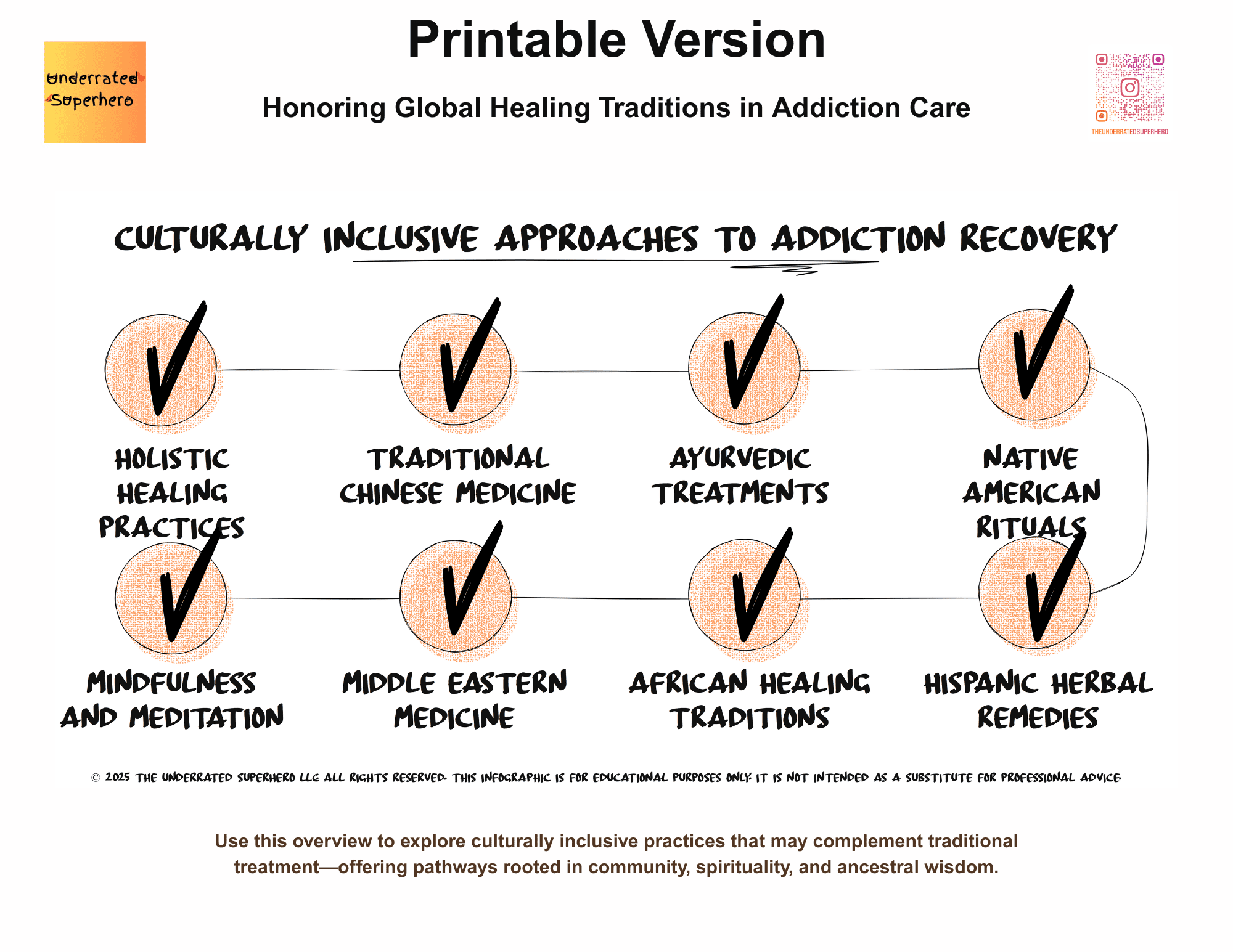 Infographic titled Culturally Inclusive Approaches to Addiction Recovery featuring 9 circular icons with checkmarks representing: holistic healing practices, traditional Chinese medicine, Ayurvedic treatments, Native American rituals, mindfulness and meditation, Middle Eastern medicine, African healing traditions, and Hispanic herbal remedies.