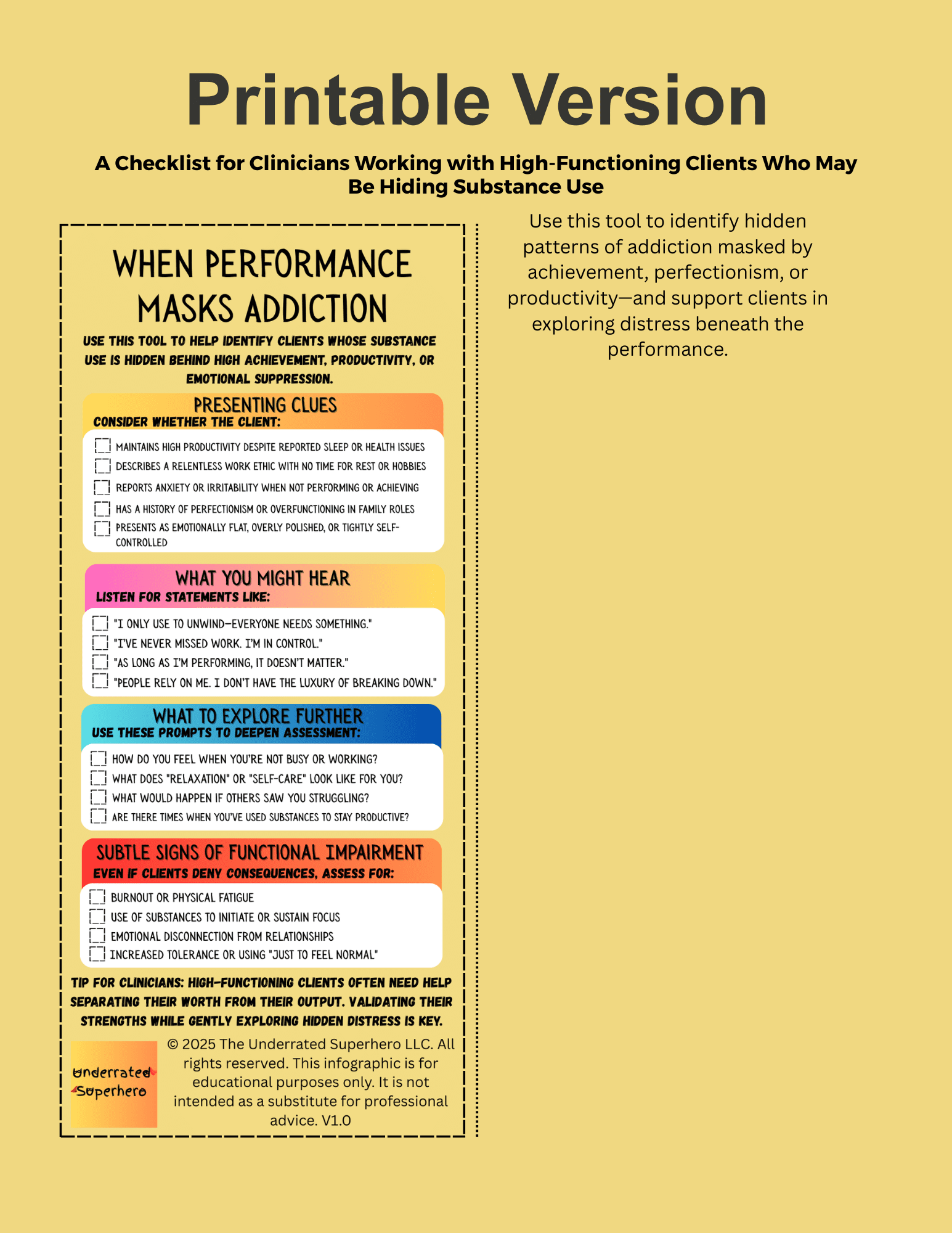Infographic titled “When Performance Masks Addiction.” Offers a checklist for clinicians working with high-functioning clients whose substance use may be hidden behind achievement or productivity. Sections include presenting clues, what you might hear, prompts to explore further, and signs of functional impairment. Features icons, color-coded blocks, and a tip about validating client strengths while exploring hidden distress. Branded by The Underrated Superhero.