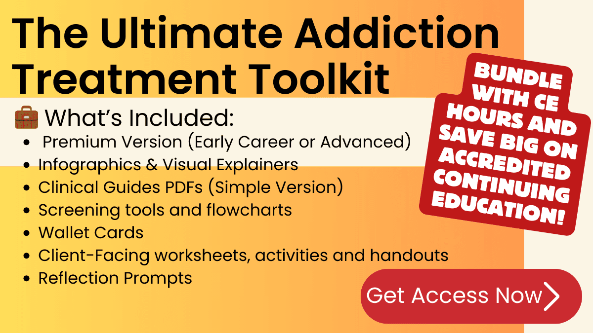 Banner for The Ultimate Addiction Treatment Toolkit with list of included items and a red badge reading ‘Bundle with CE Hours and Save Big on Accredited Continuing Education