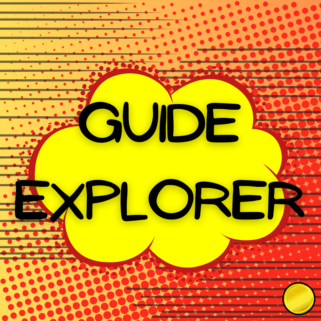 Retro comic badge with red and orange halftone background and yellow cloud shape featuring black text that reads Guide Explorer