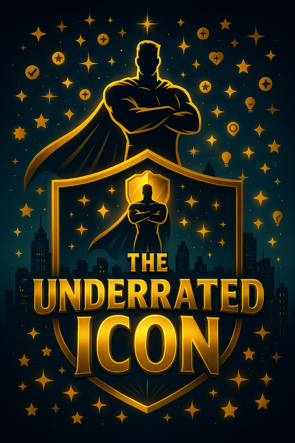 Prestigious badge with golden superhero silhouette and text The Underrated Icon on a city skyline and shield background