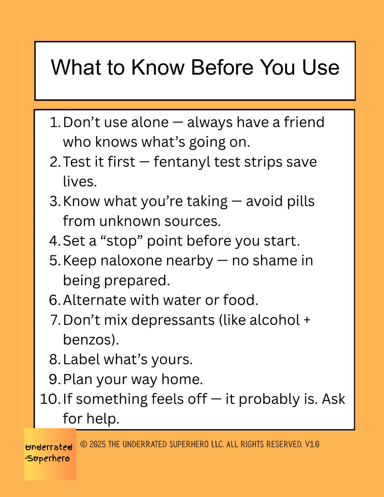 Checklist titled "What to Know Before You Use" with five reflection prompts in bold text, designed to encourage mindful decision-making around substance use. Includes icons and a calming color palette for visual clarity.