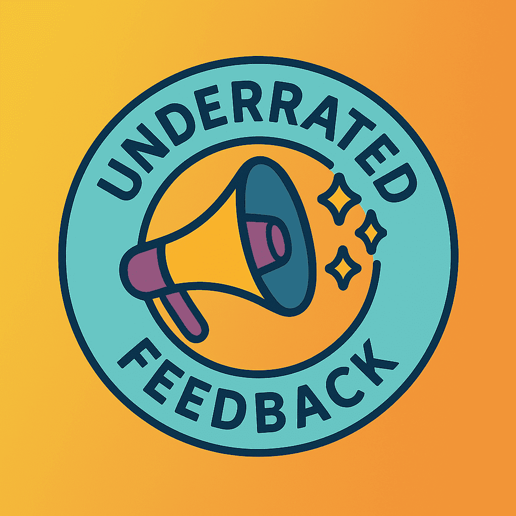 orange gradient block featuring the text "Underrated Feedback" with a megaphone in the middle