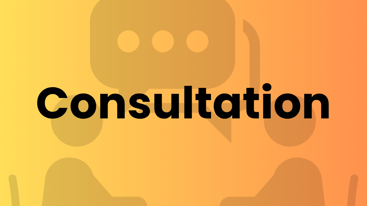 Yellow to orange gradient background with subtle book and device icons. Large bold black text reads ‘Consultation"