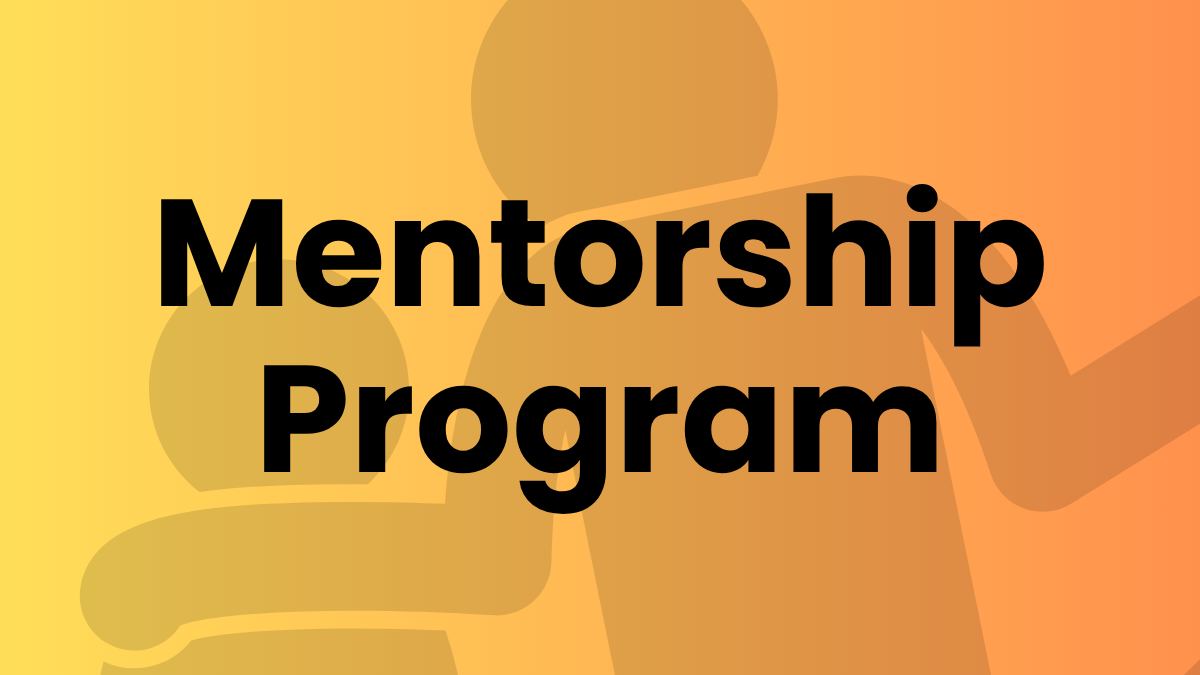 Yellow to orange gradient background with subtle book and device icons. Large bold black text reads ‘Mentorship Program"