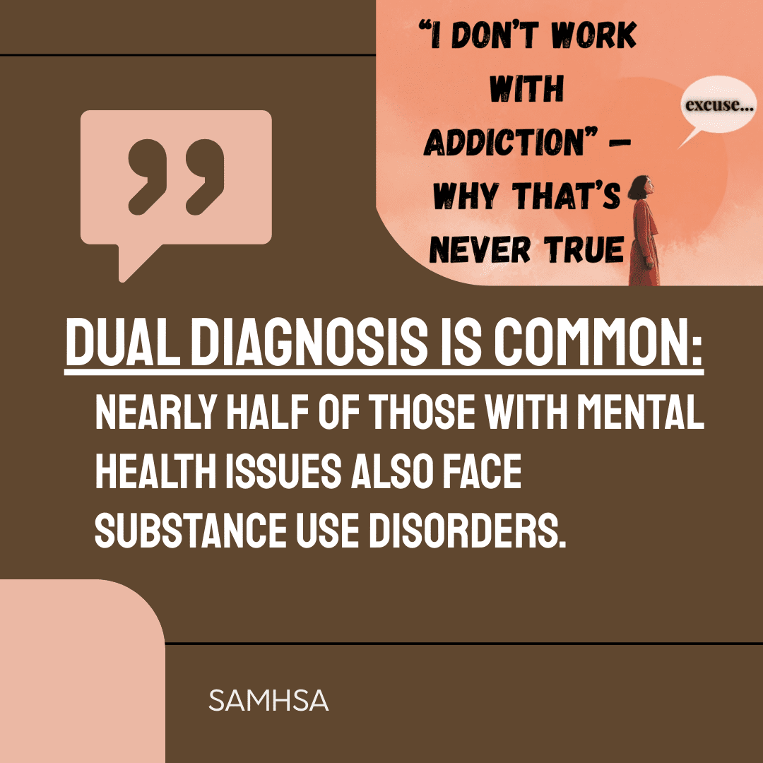 Statistic graphic on dual diagnosis: Nearly half of those with mental health issues also have substance use disorders – SAMHSA