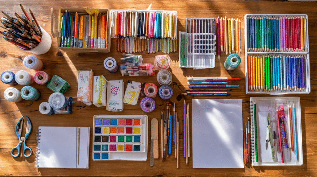 A neatly arranged table of colorful art supplies, ready for the kind of session that might just change the mind of someone thinking “I hate group therapy.”