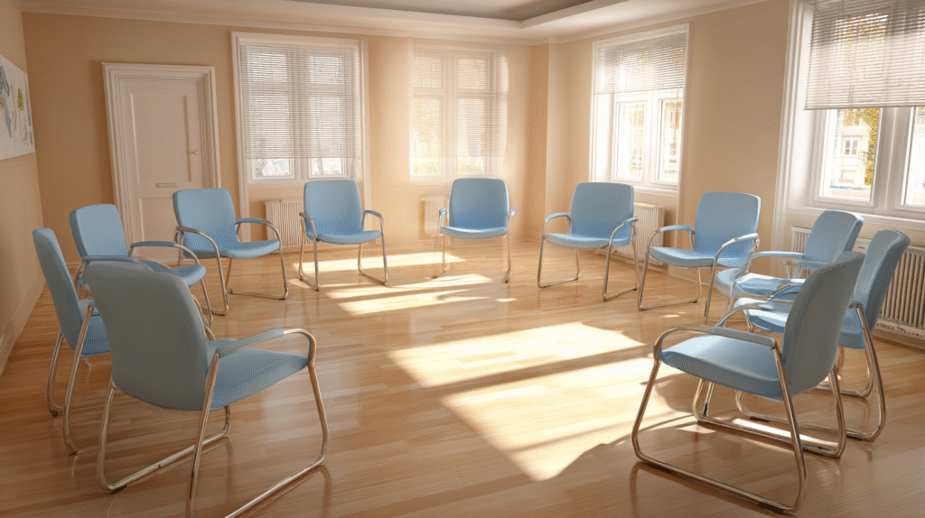 A sunlit group therapy room with a neat circle of empty chairs — the calm before the session starts, when someone thinking “I hate group therapy” braces themselves for what’s to come.