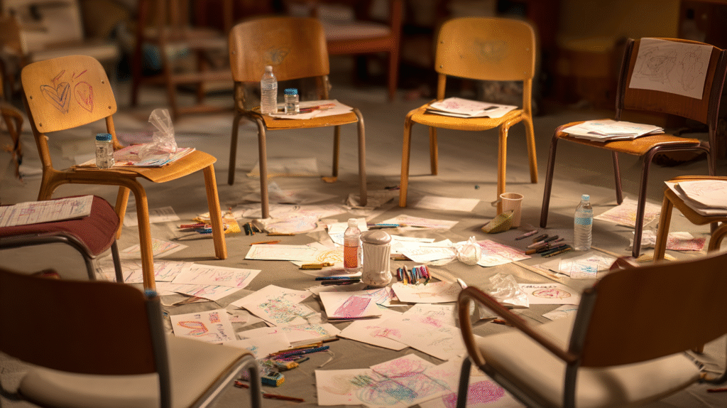 A circle of chairs surrounded by colorful drawings and scattered art supplies — the kind of group where someone who once said “I hate group therapy” finally lets their guard down.