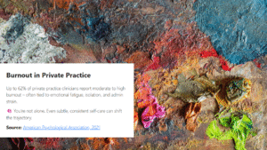 A vivid abstract painting with textured swirls of red, blue, orange, and green paint covers the background. A white text overlay box in the bottom left corner includes statistics about clinician burnout in private practice, citing that 62% report moderate to high burnout. It emphasizes that small, consistent self-care steps can make a difference and includes a link to the American Psychological Association as the source.