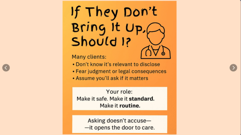 An orange-toned clinical message graphic titled “If They Don’t Bring It Up, Should I?” emphasizes the importance of asking clients about sensitive topics like substance use. It lists common reasons clients may not disclose: not realizing it's relevant, fear of judgment, or assuming providers will ask. The message encourages clinicians to “Make it safe. Make it standard. Make it routine.” and reminds them that “Asking doesn’t accuse—it opens the door to care.” A simple line drawing of a medical provider is shown in the top right corner.