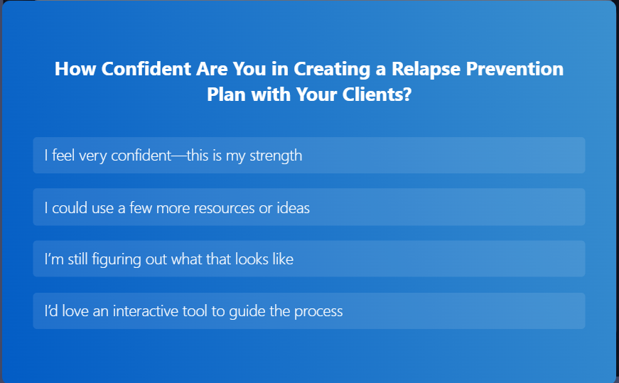 Blue gradient poll-style graphic asking: “How confident are you in creating a relapse prevention plan with your clients?” Four response options are listed as large clickable buttons: "I feel very confident—this is my strength" "I could use a few more resources or ideas" "I’m still figuring out what that looks like" "I’d love an interactive tool to guide the process" This image was previously used as a hotspot visual on the discharge planning.