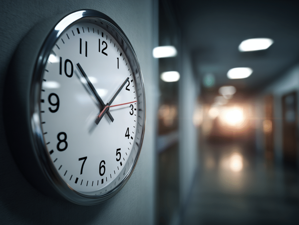 A close-up of a hallway clock at 2:58 PM — the final minutes before group starts, when someone thinking “I hate group therapy” watches each second tick by with growing dread.