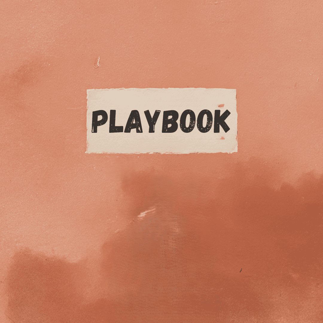 Minimal cover-style image: distressed terracotta watercolor background with an off-white taped label centered near the top that says ‘PLAYBOOK’ in bold black letters.