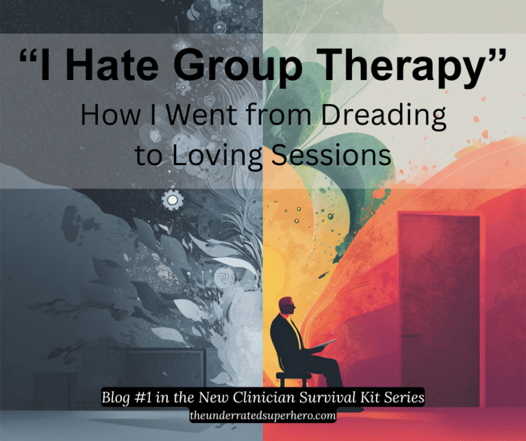 Split image of a clinician seated in a chair between a dark, chaotic space and a warm, vibrant doorway — symbolizing the emotional journey from “I hate group therapy” to embracing group sessions.