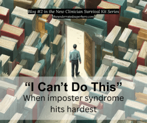 A lone clinician stands in front of an open doorway surrounded by towering, mismatched doors and bookshelves — symbolizing the overwhelming pressure and isolation of imposter syndrome. The scene reflects the inner dialogue of “I can’t do this,” as part of the New Clinician Survival Kit series.
