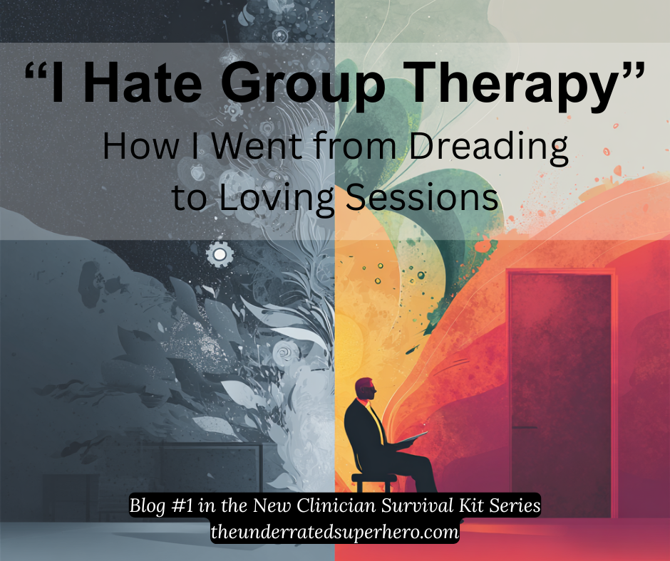 Split image of a clinician seated in a chair between a dark, chaotic space and a warm, vibrant doorway — symbolizing the emotional journey from “I hate group therapy” to embracing group sessions.