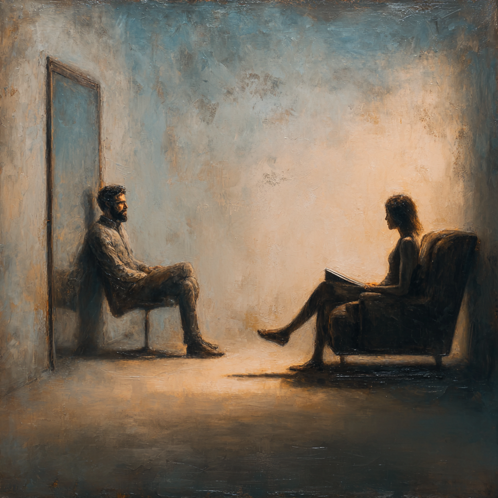 "An impressionistic painting of a therapy session. A man sits slouched in a chair near a closed door, facing a female therapist who conducts harm reduction with mandated clients, holding a notebook. The room is dimly lit with warm light casting shadows, evoking a somber and introspective atmosphere.