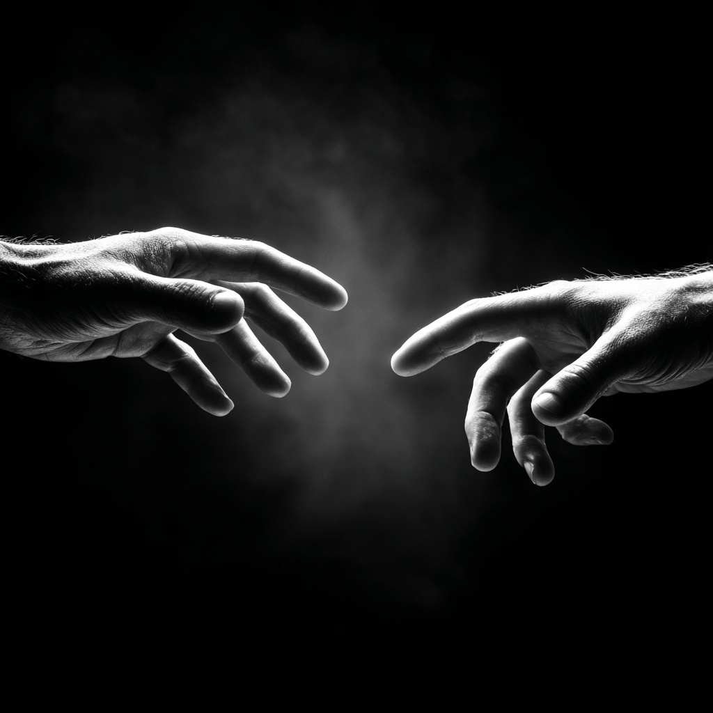 Black and white image of two human hands reaching toward each other against a dark background, with soft light illuminating the space between them. The composition conveys connection, vulnerability, and the possibility of support or contact.