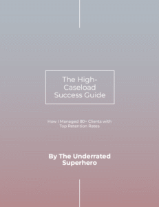 Cover of a professional guide titled "The High-Caseload Success Guide: How I Managed 80+ Clients with Top Retention Rates" by The Underrated Superhero. The background features a smooth vertical gradient from cool gray to muted mauve, with minimalist white text and clean rectangular outlines framing the title.
