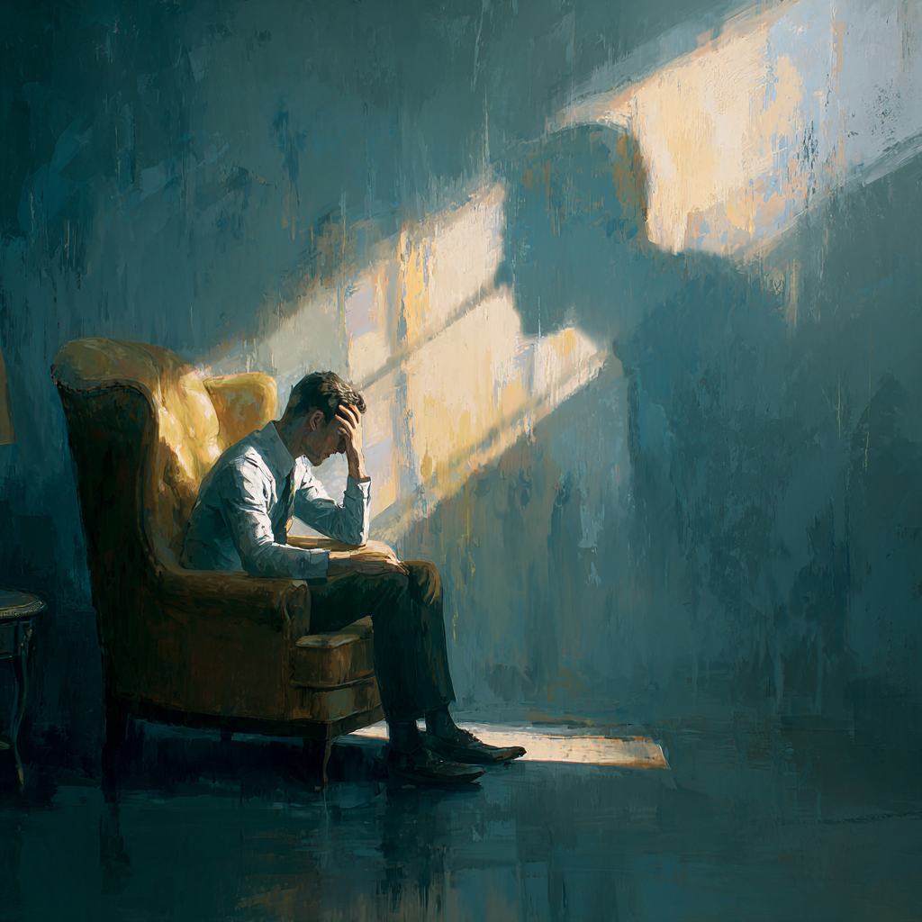 A man sits in a chair with his head in his hand, bathed in dramatic sunlight casting a large shadow on the wall appearing to struggle with new therapist overwhelm — symbolizing the weight of imposter syndrome and self-doubt.