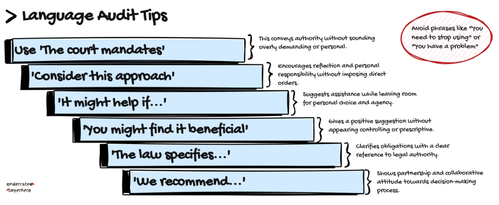 A visual guide titled "Language Audit Tips" lists alternative phrases clinicians can use to promote respect, autonomy, and clarity when conducting harm reduction with mandated clients. Suggestions include:
"Use 'The court mandates'" – to convey authority without sounding personal
"Consider this approach" – encourages reflection and responsibility
"It might help if..." – offers guidance while preserving agency
"You might find it beneficial" – frames suggestions positively
"The law specifies..." – clarifies legal obligations
"We recommend..." – supports collaborative decision-making
A red bubble highlights what to avoid: “You need to stop using” or “You have a problem.” The Underrated Superhero logo appears in the corner.