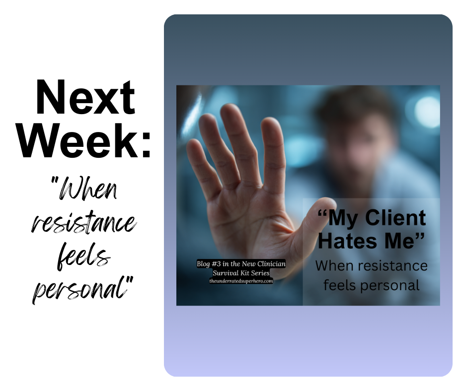 A blurred therapist figure reaches their hand toward the camera in a gesture of emotional defense, with the words “My Client Hates Me” overlayed — capturing the raw vulnerability when therapeutic resistance feels personal. Teaser image for Blog #3 in the New Clinician Survival Kit series.