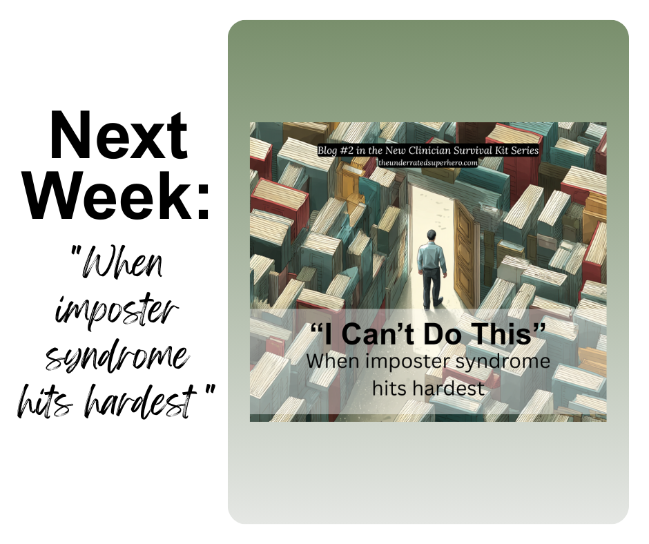 Promotional teaser for next week’s blog titled “I Can’t Do This” — a figure stands in front of an open door surrounded by towering, mismatched doors symbolizing imposter syndrome. Text reads: “Next Week: When imposter syndrome hits hardest..