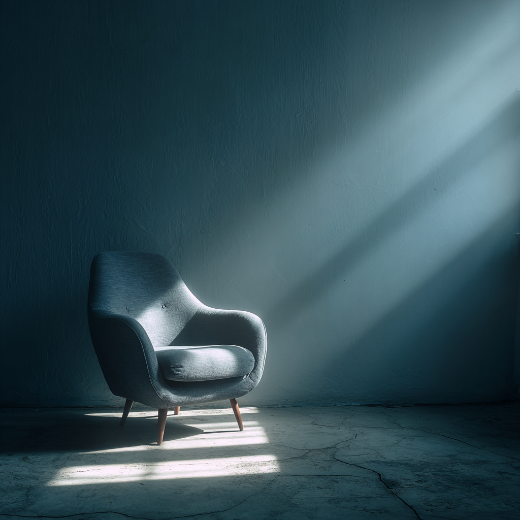 A single empty armchair lit by a dramatic ray of sunlight in a dark therapy room, evoking isolation, reflection, or waiting.