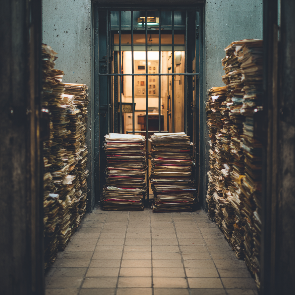 Stacks of case files line the hallway of an institutional setting with a barred jail door at the end, symbolizing systemic challenges and barriers in justice-involved treatment causing new therapist overwhelm.