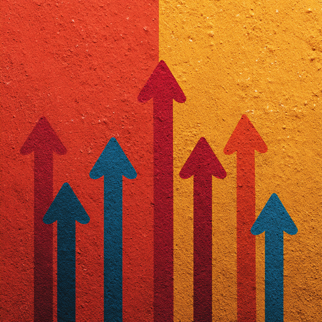 Colorful red and blue arrows pointing upward on a textured red and yellow background, symbolizing clinician growth, progress, and impact and overall lessoning of new therapist overwhelm.