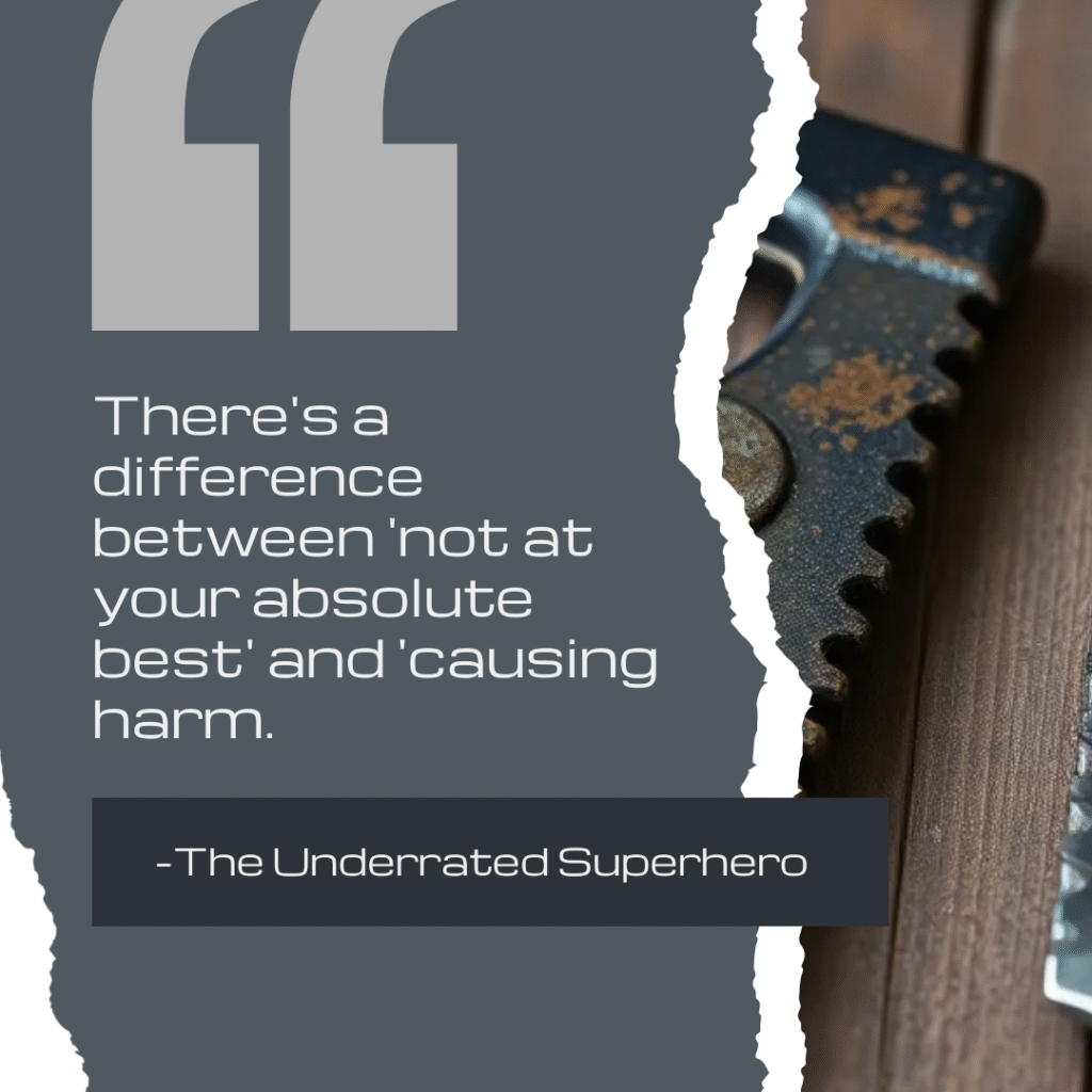 Quote graphic with wrench tool: There's a difference between not at your absolute best and causing harm, addressing therapist burnout versus therapeutic harm