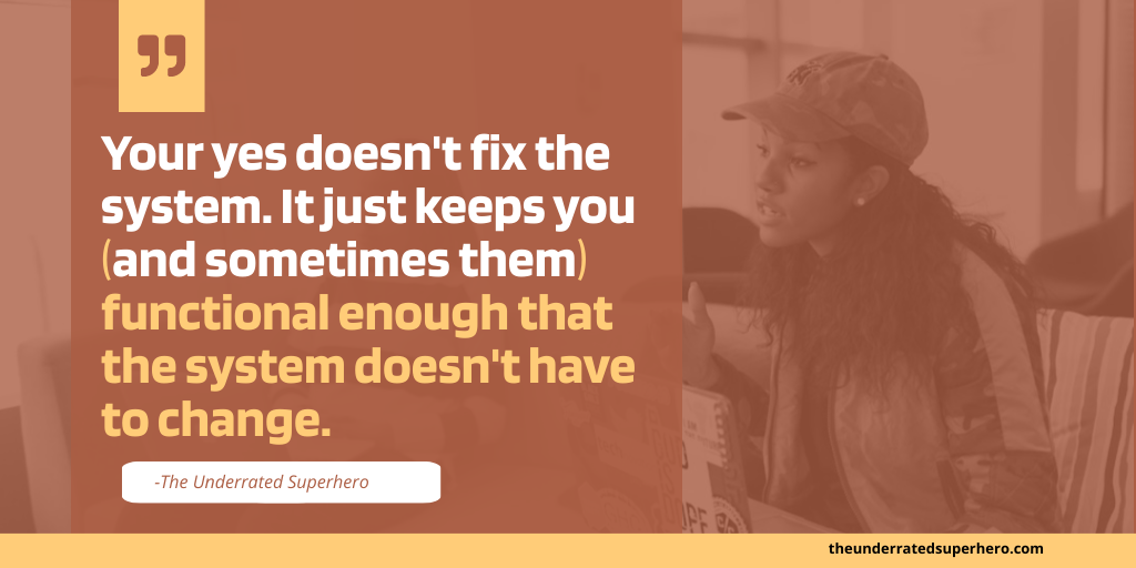 Therapist speaking to a group of clients with a quote overlay reading ‘Your yes doesn’t fix the system. It just keeps you functional enough that the system doesn’t have to change,’ highlighting how setting boundaries with clients protects clinicians from burnout.