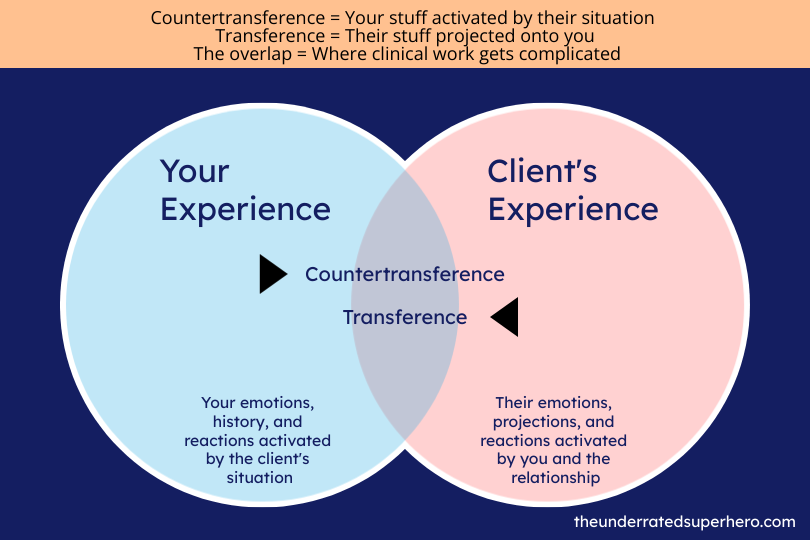 Venn diagram explaining countertransference versus transference in therapy. Left blue circle labeled 'Your Experience' shows countertransference as your emotions, history, and reactions activated by client's situation. Right pink circle labeled 'Client's Experience' shows transference as their emotions, projections, and reactions activated by you and the relationship. Purple overlap area labeled with both terms shows where clinical work gets complicated with thoughts like "my client hates me." Includes definitions at top and website URL at bottom.