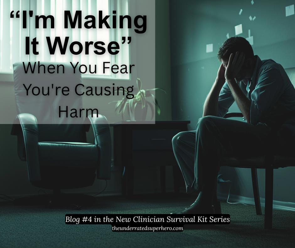 Silhouette of exhausted clinician sitting hunched over in empty therapy office with teal lighting, head in hands, symbolizing the fear and self-doubt of wondering if you're causing harm to clients - Blog #4 in the New Clinician Survival Kit Series