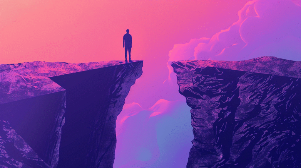 Silhouette of a clinician standing at the edge of a cliff facing a gap, symbolizing professional fear and the need for courage when setting boundaries with clients.