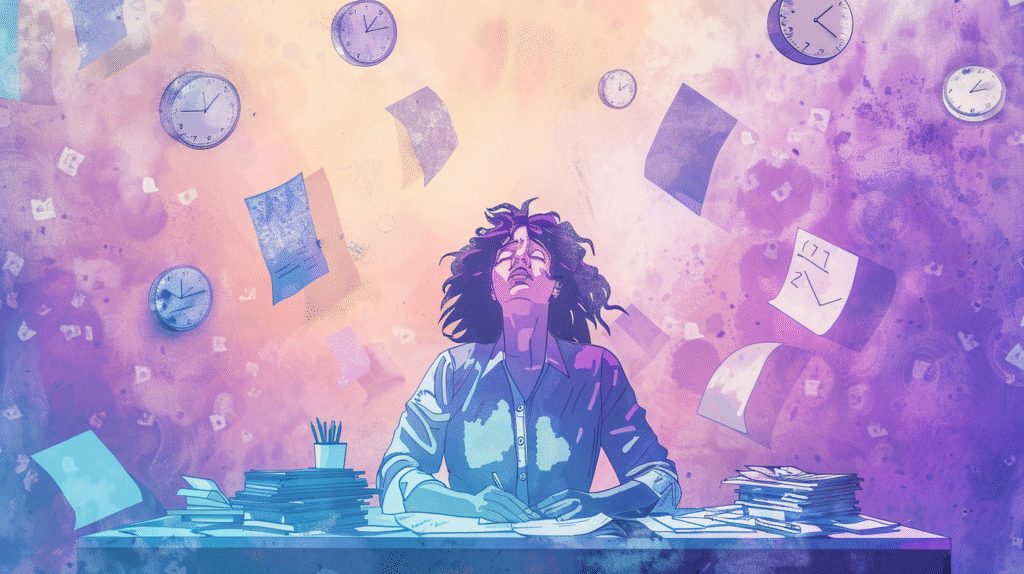 Illustration of an overwhelmed counselor surrounded by paperwork and clocks, representing compassion fatigue and the importance of setting boundaries with clients to maintain balance and quality care.