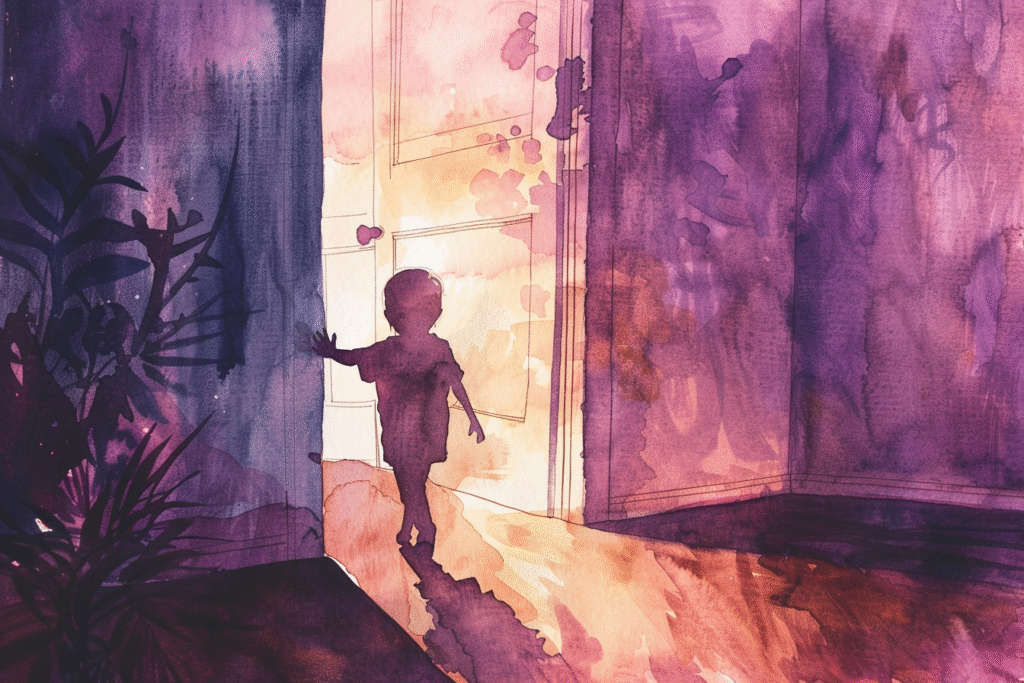 Watercolor image of a child silhouetted in a doorway with warm light, paired with a reminder that setting boundaries with clients helps clinicians prioritize family and personal well-being.