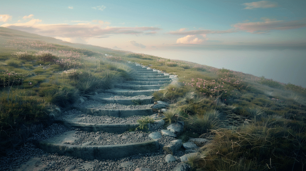 Winding stairway representing gradual trust-building process in harm reduction with court-mandated clients