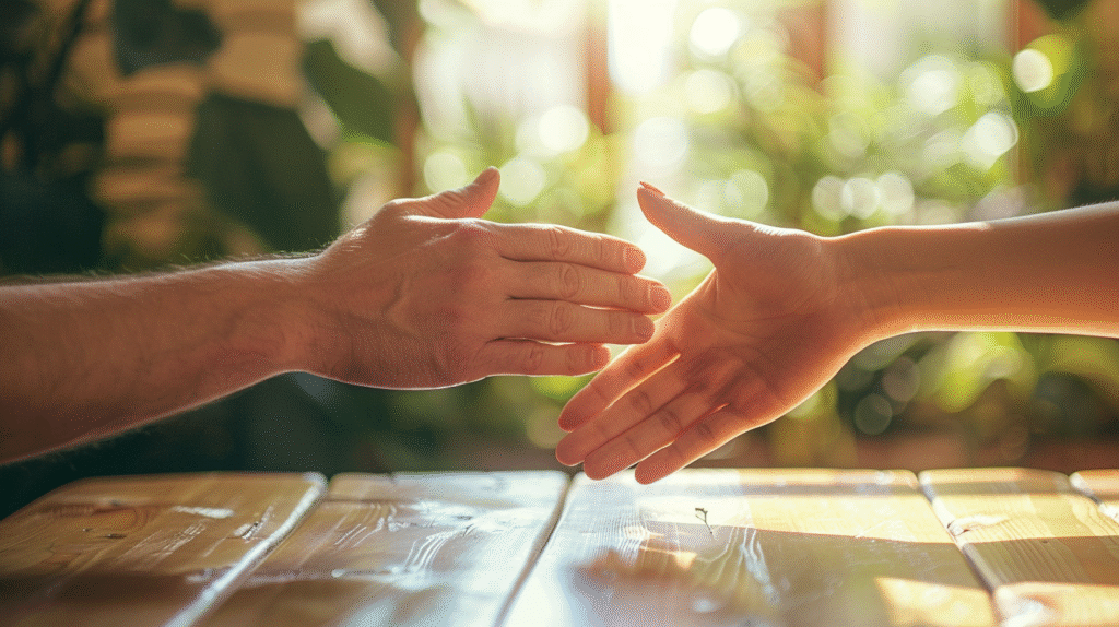 Supportive gesture representing trust and therapeutic alliance in harm reduction with court-mandated clients