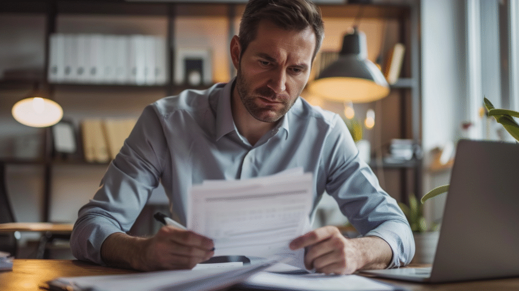 Professional counselor reviewing treatment documentation for harm reduction with court-mandated clients case planning