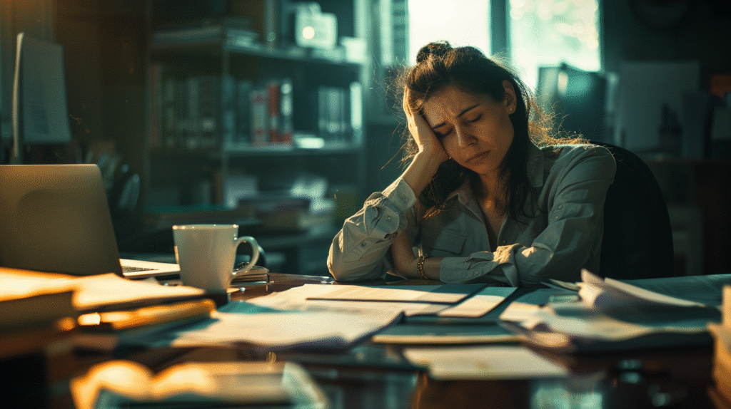 An overworked clinician sits at a cluttered desk with her head resting on her hand, visually portraying compassion fatigue for addiction counselors.